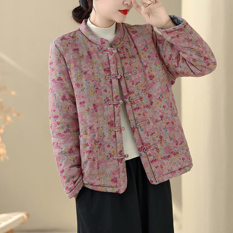 Buddha Stones Winter Vintage Tang Style Frog Button Pink Floral Women's Jacket With Pockets - image 6