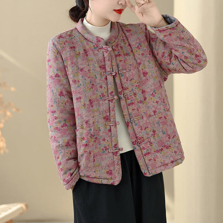 Buddha Stones Winter Vintage Tang Style Frog Button Pink Floral Women's Jacket With Pockets - image 6
