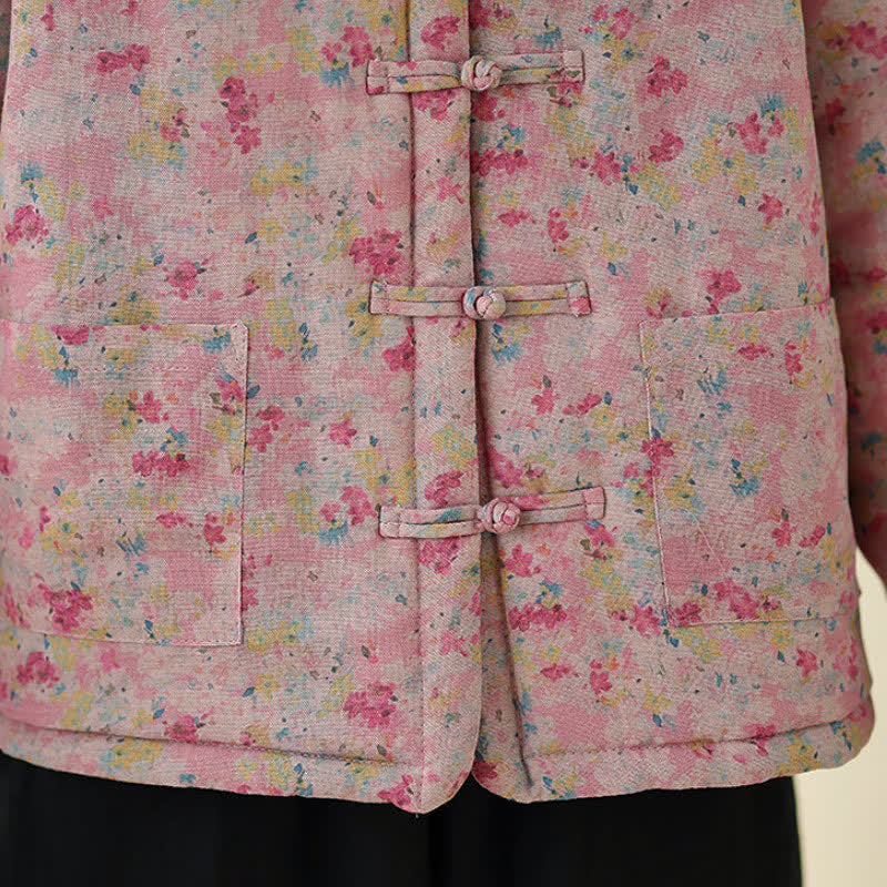 Buddha Stones Winter Vintage Tang Style Frog Button Pink Floral Women's Jacket With Pockets - image 13