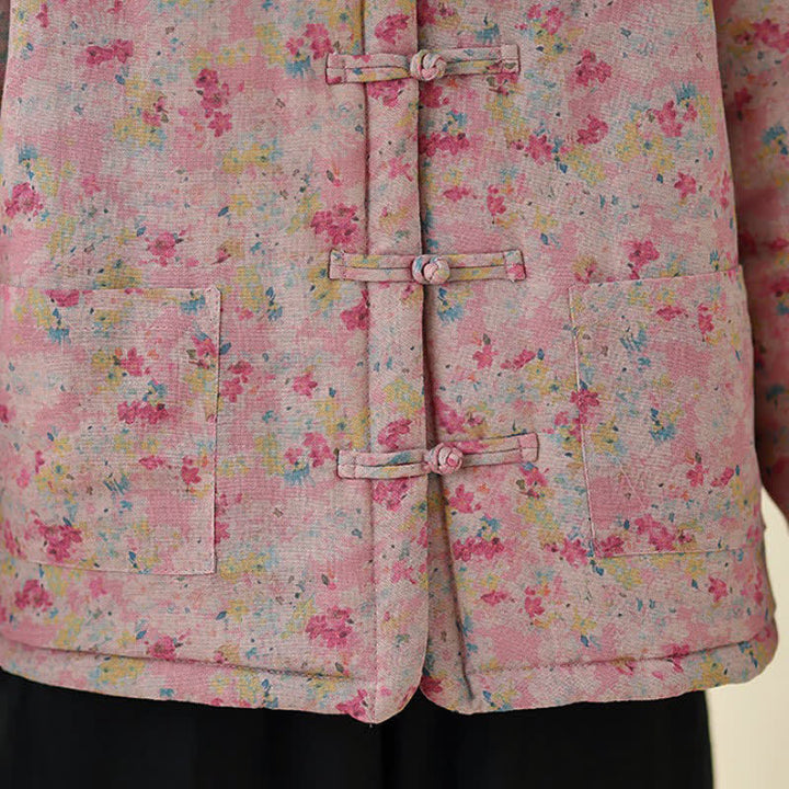 Buddha Stones Winter Vintage Tang Style Frog Button Pink Floral Women's Jacket With Pockets - image 13