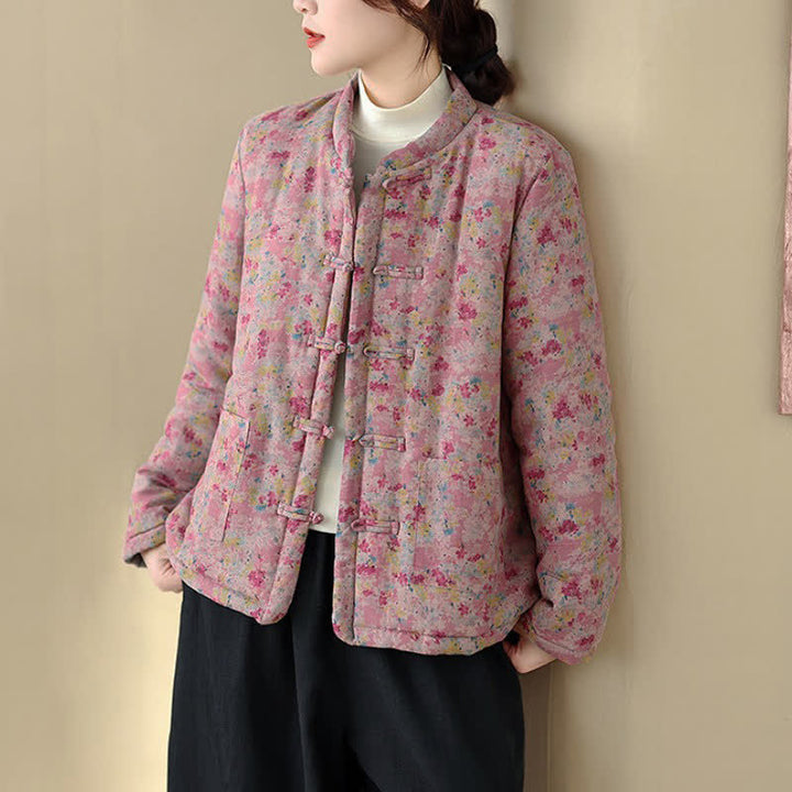 Buddha Stones Winter Vintage Tang Style Frog Button Pink Floral Women's Jacket With Pockets - image 11