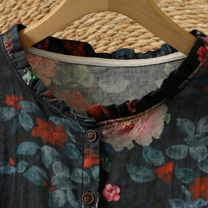 Buddha Stones Fall Elegant Vintage Tang Style Button-Up Mandarin Collar Floral Women's Long Sleeve Shirts - image 1