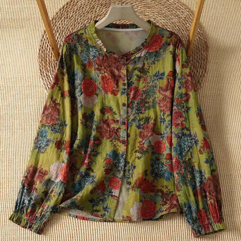 Buddha Stones Fall Elegant Vintage Tang Style Button-Up Mandarin Collar Floral Women's Long Sleeve Shirts - YellowGreen - US4-8/10, UK/AU8-12/14, EU36-40/42 (F) - image 5