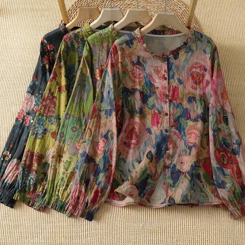Buddha Stones Fall Elegant Vintage Tang Style Button-Up Mandarin Collar Floral Women's Long Sleeve Shirts - image 9