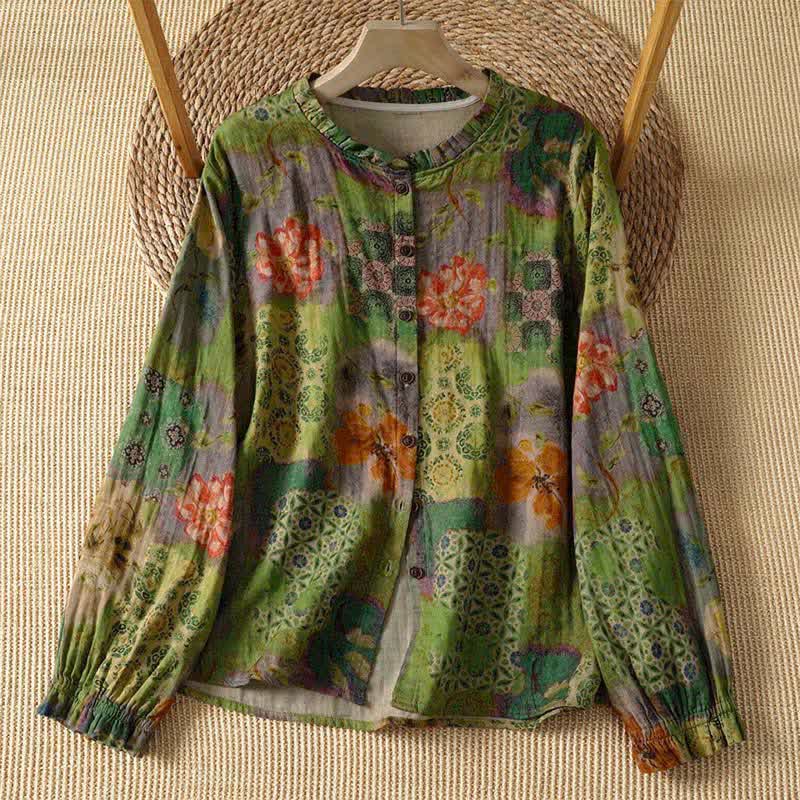 Buddha Stones Fall Elegant Vintage Tang Style Button-Up Mandarin Collar Floral Women's Long Sleeve Shirts - OliveDrab - US4-8/10, UK/AU8-12/14, EU36-40/42 (F) - image 8