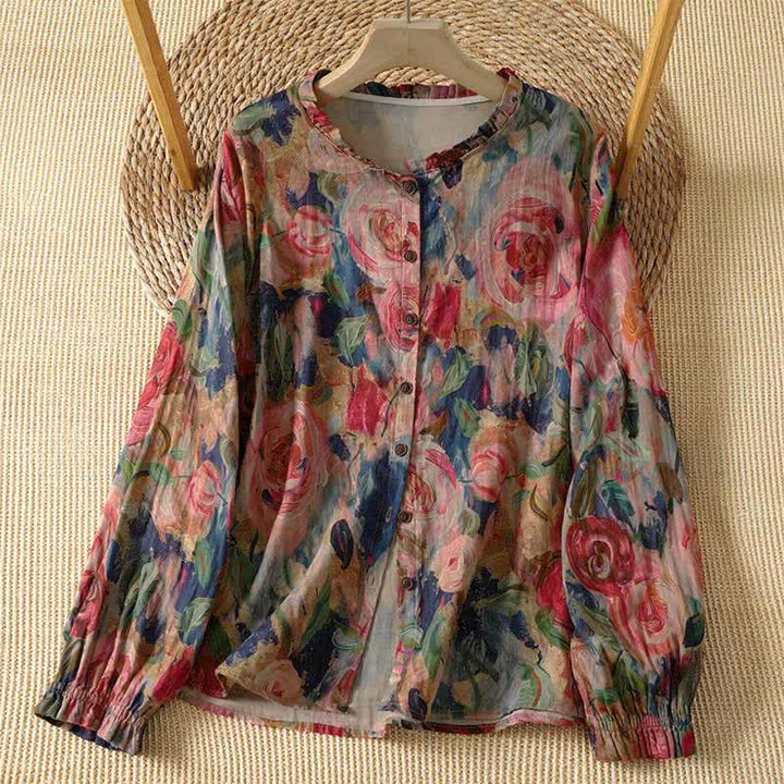 Buddha Stones Fall Elegant Vintage Tang Style Button-Up Mandarin Collar Floral Women's Long Sleeve Shirts - RosyBrown - US4-8/10, UK/AU8-12/14, EU36-40/42 (F) - image 6