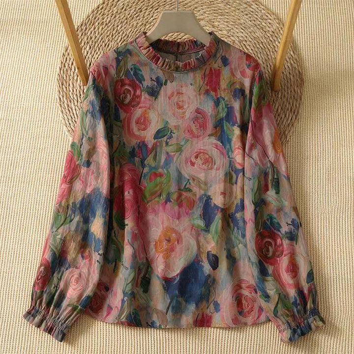 Buddha Stones Fall Elegant Vintage Tang Style Button-Up Mandarin Collar Floral Women's Long Sleeve Shirts - image 7