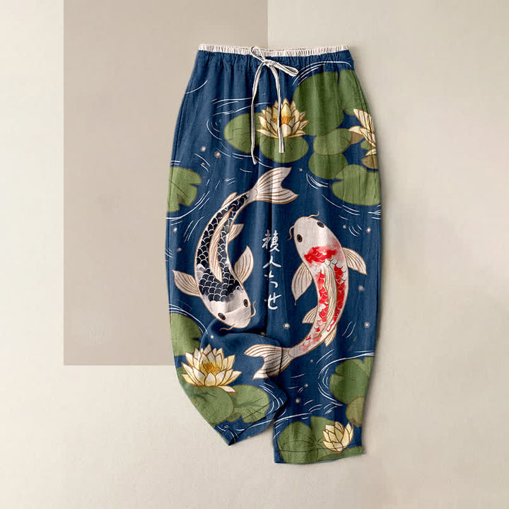 Buddha Stones Pure Cotton Japanese Koi Lotus Pattern Women's Elastic Waist Pants With Pockets - Navy - US16，UK/AU20，EU48 (3XL) - image 0