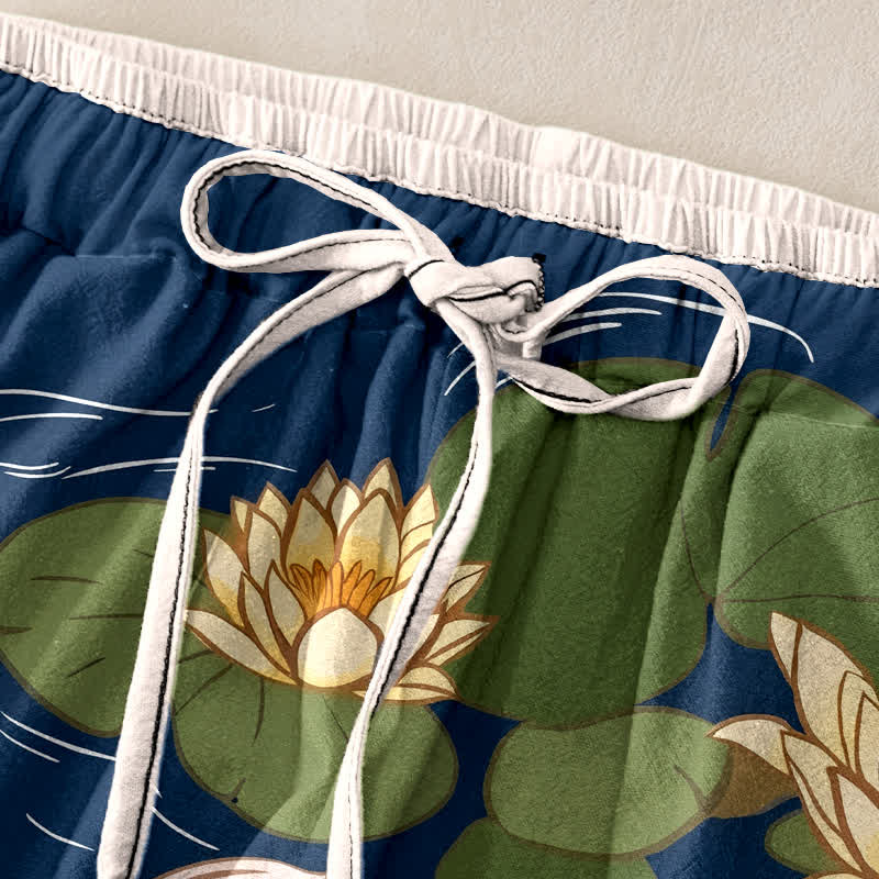 Buddha Stones Pure Cotton Japanese Koi Lotus Pattern Women's Elastic Waist Pants With Pockets - image 1
