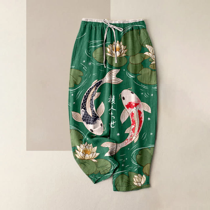 Buddha Stones Pure Cotton Japanese Koi Lotus Pattern Women's Elastic Waist Pants With Pockets - MediumSeaGreen - US16，UK/AU20，EU48 (3XL) - image 4