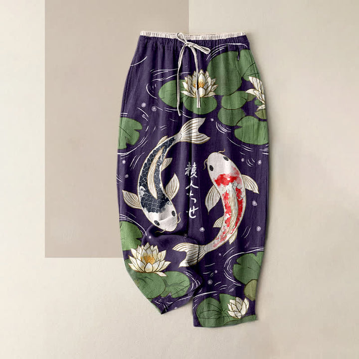 Buddha Stones Pure Cotton Japanese Koi Lotus Pattern Women's Elastic Waist Pants With Pockets - Indigo - US16，UK/AU20，EU48 (3XL) - image 5