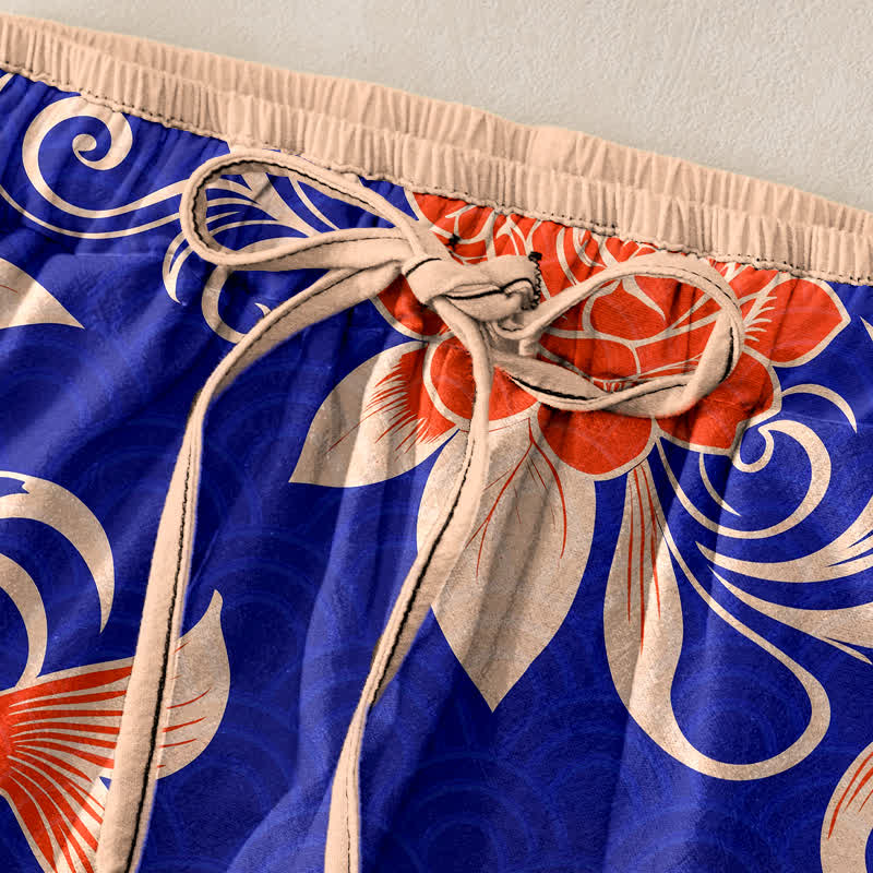 Buddha Stones Pure Cotton Artistic Koi Wave Pattern Women's Elastic Waist Pants With Pockets - image 1