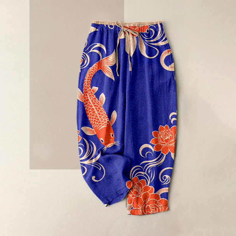 Buddha Stones Pure Cotton Artistic Koi Wave Pattern Women's Elastic Waist Pants With Pockets - MediumBlue - US16，UK/AU20，EU48 (3XL) - image 0