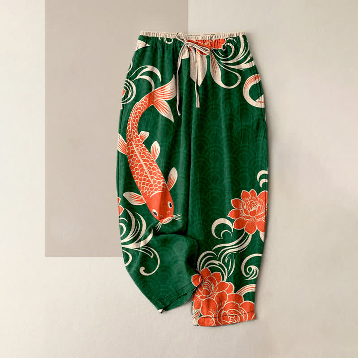 Buddha Stones Pure Cotton Artistic Koi Wave Pattern Women's Elastic Waist Pants With Pockets - SeaGreen - US16，UK/AU20，EU48 (3XL) - image 4