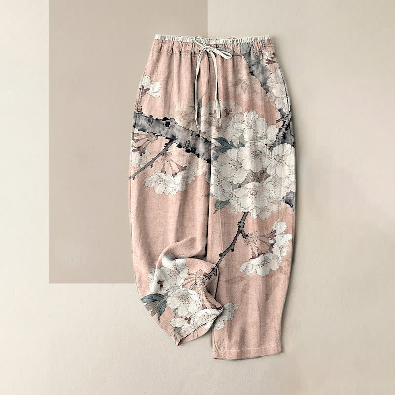 Buddha Stones Pure Cotton Elegant Floral Branch Pattern Women's Elastic Waist Pants With Pockets - Pink - US16，UK/AU20，EU48 (3XL) - image 3