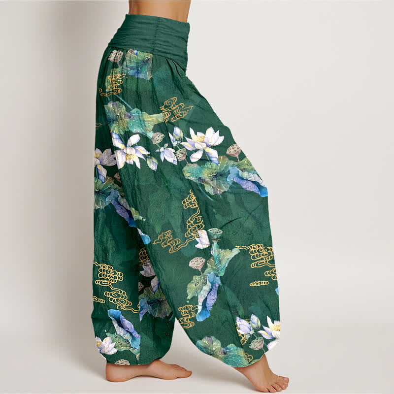 Buddha Stones Cotton White Lotus Leaf Pattern Women's Elastic Waist Harem Pants - image 1