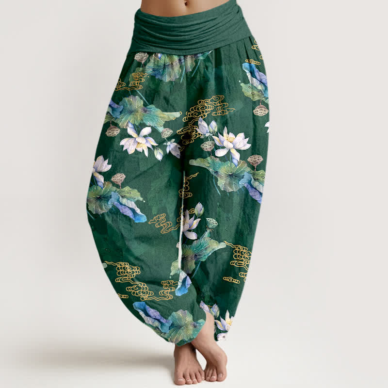 Buddha Stones Cotton White Lotus Leaf Pattern Women's Elastic Waist Harem Pants - ForestGreen - US16，UK/AU20，EU48 (3XL) - image 0