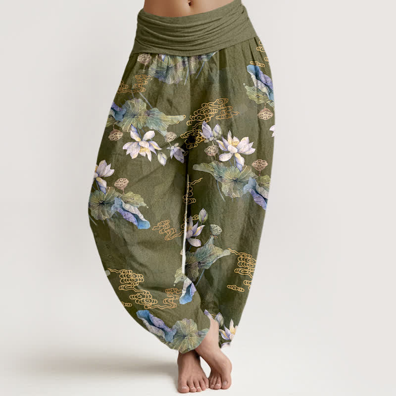 Buddha Stones Cotton White Lotus Leaf Pattern Women's Elastic Waist Harem Pants - Olive - US16，UK/AU20，EU48 (3XL) - image 5