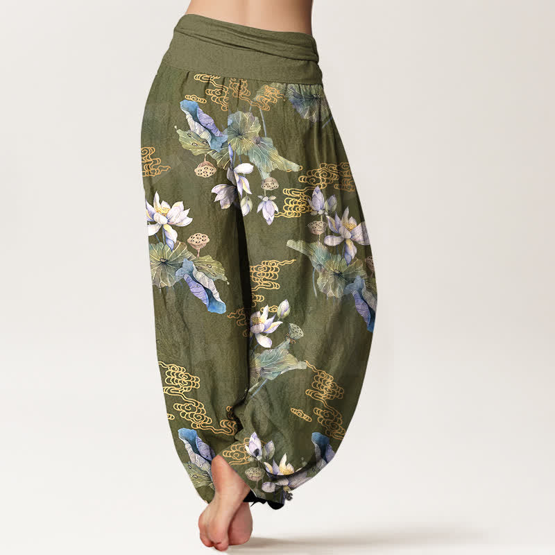 Buddha Stones Cotton White Lotus Leaf Pattern Women's Elastic Waist Harem Pants - image 7