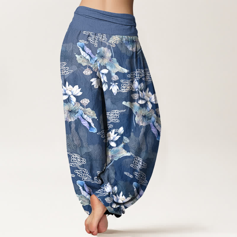 Buddha Stones Cotton White Lotus Leaf Pattern Women's Elastic Waist Harem Pants - image 10
