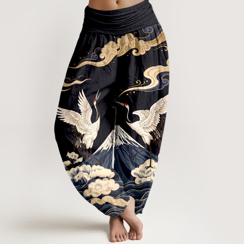 Buddha Stones Cotton Crane Mountain Cloud Pattern Women's Elastic Waist Harem Pants - Black - US16，UK/AU20，EU48 (3XL) - image 0