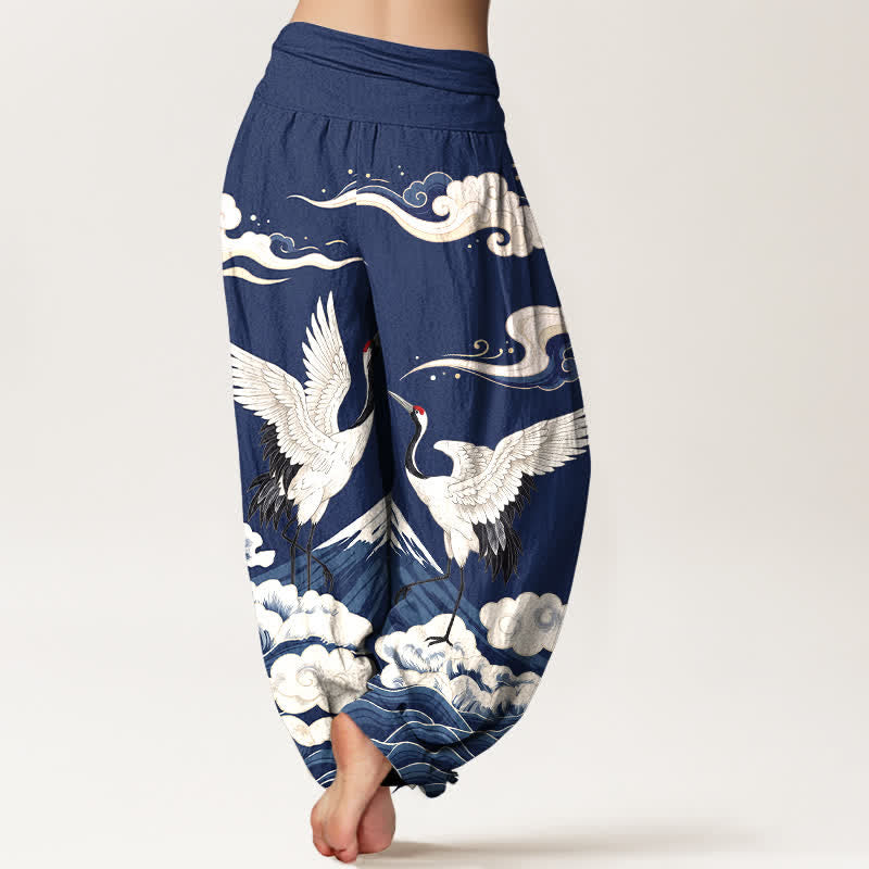 Buddha Stones Cotton Crane Mountain Cloud Pattern Women's Elastic Waist Harem Pants - image 7
