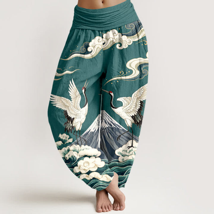 Buddha Stones Cotton Crane Mountain Cloud Pattern Women's Elastic Waist Harem Pants - Teal - US16，UK/AU20，EU48 (3XL) - image 8