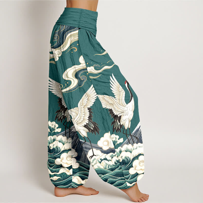 Buddha Stones Cotton Crane Mountain Cloud Pattern Women's Elastic Waist Harem Pants - image 9