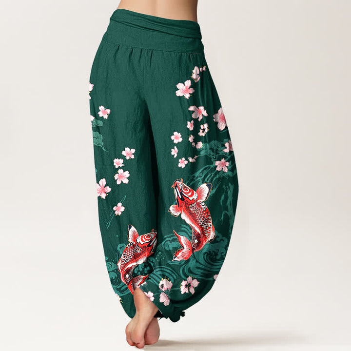 Buddha Stones Cotton Koi Sakura Pattern Women's Elastic Waist Harem Pants - image 2
