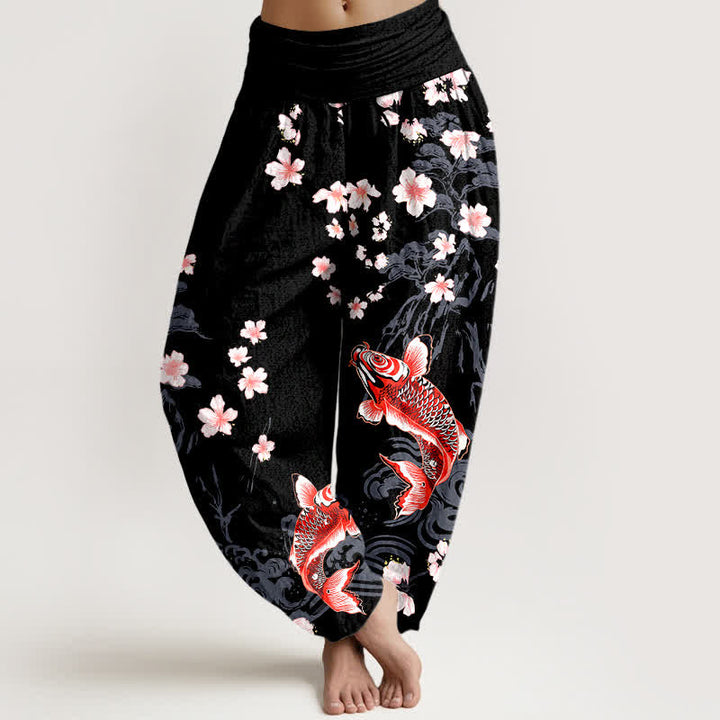 Buddha Stones Cotton Koi Sakura Pattern Women's Elastic Waist Harem Pants - Black - US16，UK/AU20，EU48 (3XL) - image 5