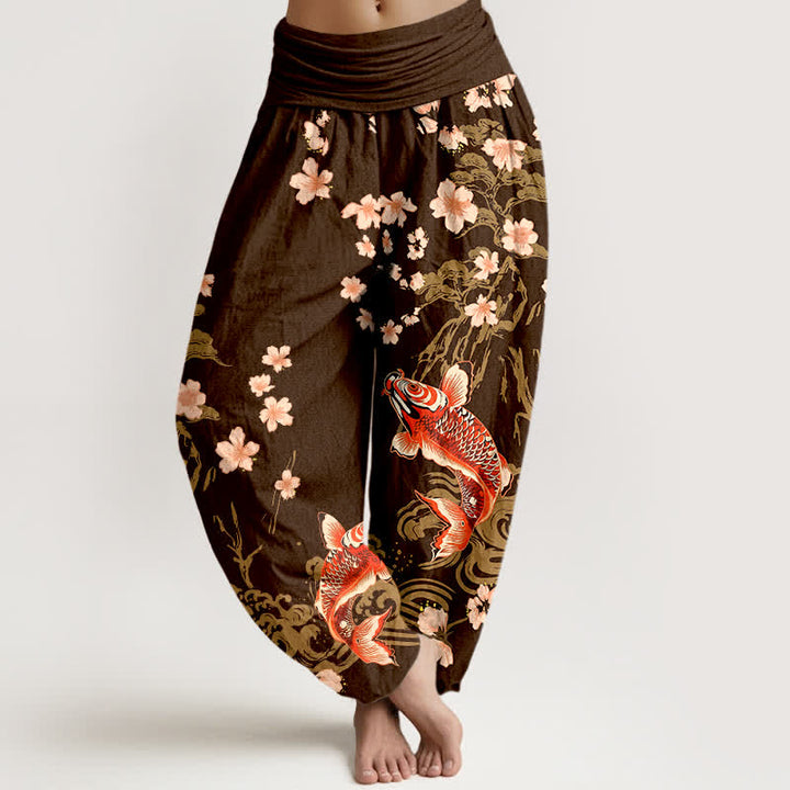 Buddha Stones Cotton Koi Sakura Pattern Women's Elastic Waist Harem Pants - SaddleBrown - US16，UK/AU20，EU48 (3XL) - image 8