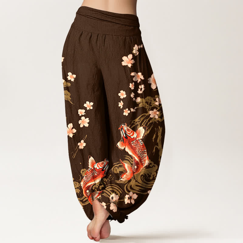 Buddha Stones Cotton Koi Sakura Pattern Women's Elastic Waist Harem Pants - image 10