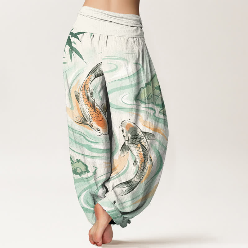 Buddha Stones Cotton Koi Fish Rock Wave Pattern Women's Elastic Waist Harem Pants - image 1