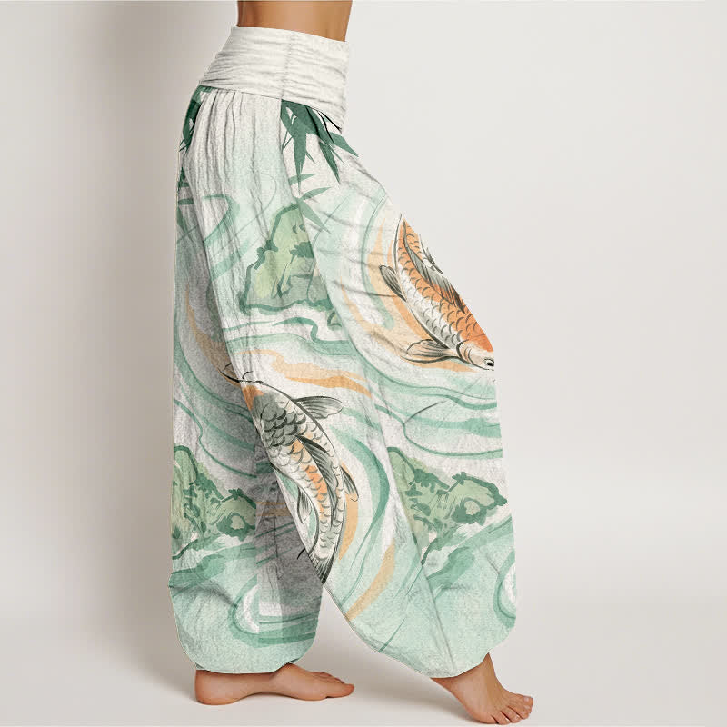 Buddha Stones Cotton Koi Fish Rock Wave Pattern Women's Elastic Waist Harem Pants - image 2