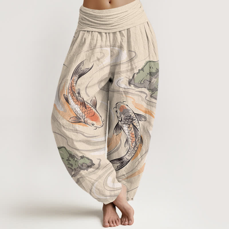 Buddha Stones Cotton Koi Fish Rock Wave Pattern Women's Elastic Waist Harem Pants - AntiqueWhite - US16，UK/AU20，EU48 (3XL) - image 5