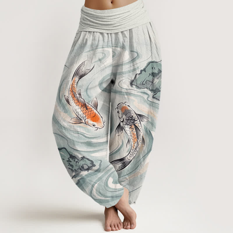 Buddha Stones Cotton Koi Fish Rock Wave Pattern Women's Elastic Waist Harem Pants - AliceBlue - US16，UK/AU20，EU48 (3XL) - image 8