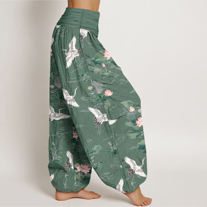 Buddha Stones Cotton Elegant Crane Lotus Pattern Women's Elastic Waist Harem Pants - image 1