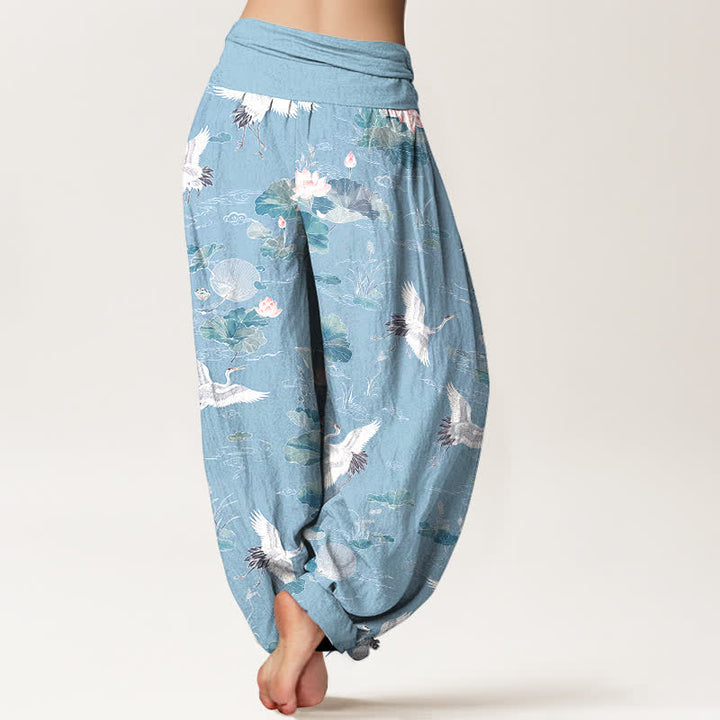 Buddha Stones Cotton Elegant Crane Lotus Pattern Women's Elastic Waist Harem Pants - image 7