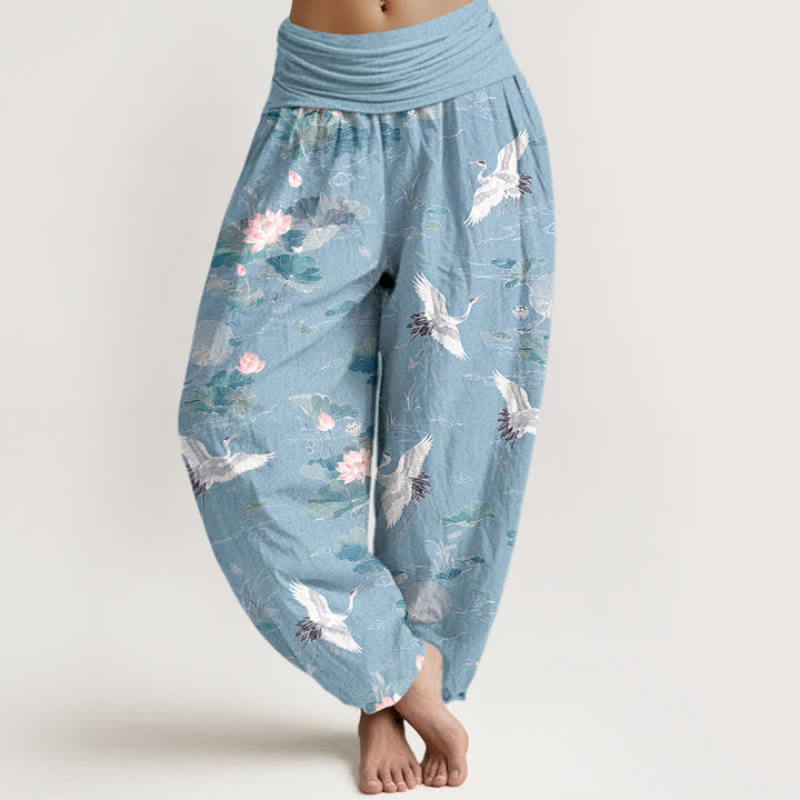 Buddha Stones Cotton Elegant Crane Lotus Pattern Women's Elastic Waist Harem Pants - LightSkyBlue - US16，UK/AU20，EU48 (3XL) - image 5