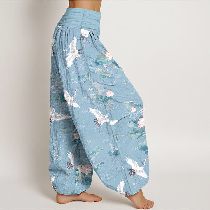 Buddha Stones Cotton Elegant Crane Lotus Pattern Women's Elastic Waist Harem Pants - image 6