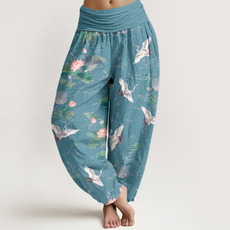 Buddha Stones Cotton Elegant Crane Lotus Pattern Women's Elastic Waist Harem Pants - MediumTurquoise - US16，UK/AU20，EU48 (3XL) - image 8