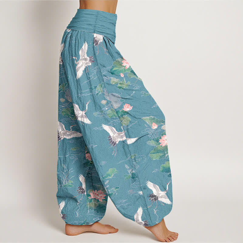 Buddha Stones Cotton Elegant Crane Lotus Pattern Women's Elastic Waist Harem Pants - image 9