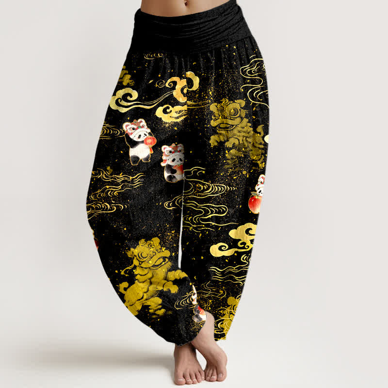 Buddha Stones Cotton Auspicious Beast Cloud Pattern Women's Elastic Waist Harem Pants - Black - US16，UK/AU20，EU48 (3XL) - image 0