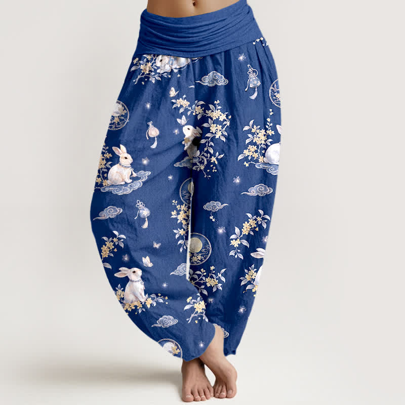 Buddha Stones Cotton Moon Rabbit Floral Pattern Women's Elastic Waist Harem Pants - White - US16，UK/AU20，EU48 (3XL) - image 5