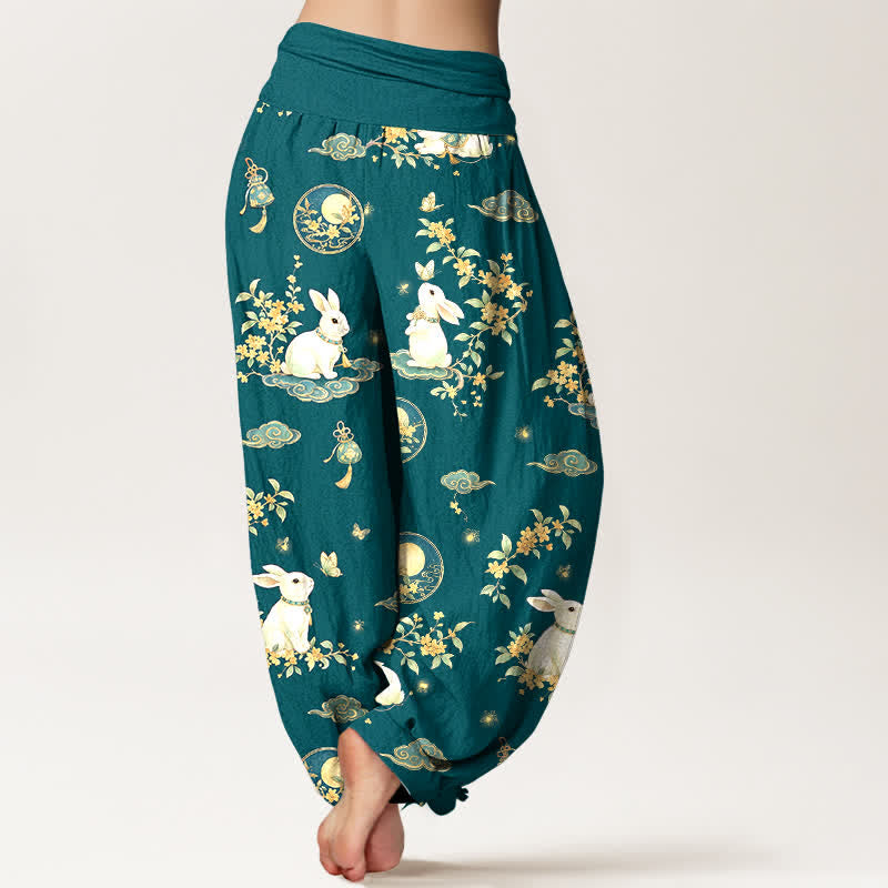Buddha Stones Cotton Moon Rabbit Floral Pattern Women's Elastic Waist Harem Pants - image 10