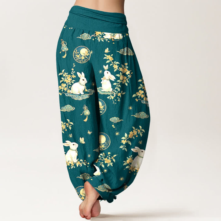 Buddha Stones Cotton Moon Rabbit Floral Pattern Women's Elastic Waist Harem Pants - image 10