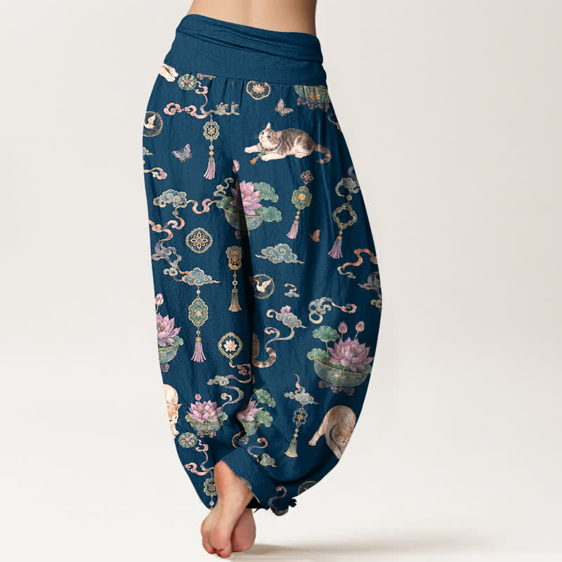 Buddha Stones Cotton Lotus Cat Tassel Pattern Women's Elastic Waist Harem Pants - image 2