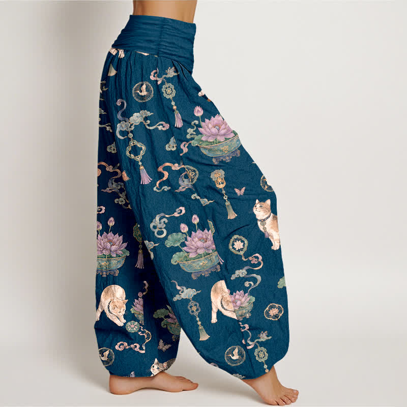 Buddha Stones Cotton Lotus Cat Tassel Pattern Women's Elastic Waist Harem Pants - image 1