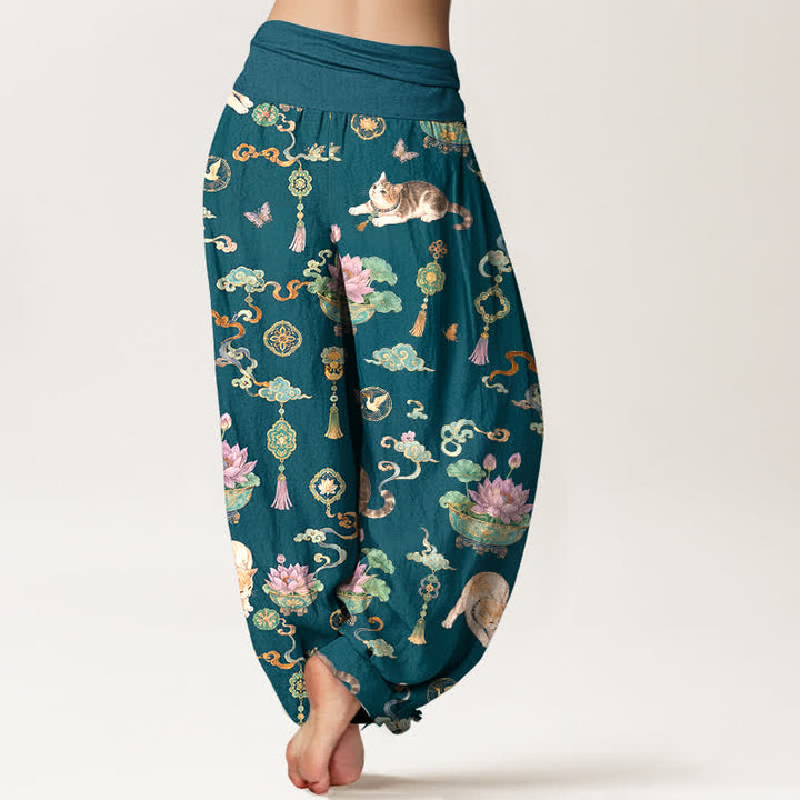 Buddha Stones Cotton Lotus Cat Tassel Pattern Women's Elastic Waist Harem Pants - image 10