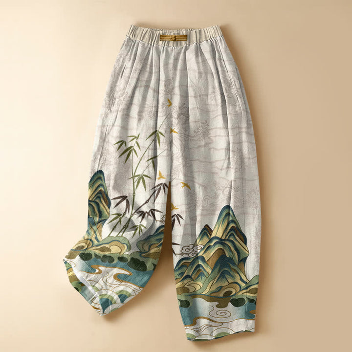 Buddha Stones Pure Cotton Vintage Mountain Bamboo Pattern Frog Button Women's Elastic Waist Harem Pants With Pockets - Beige - US16，UK/AU20，EU48 (3XL) - image 0